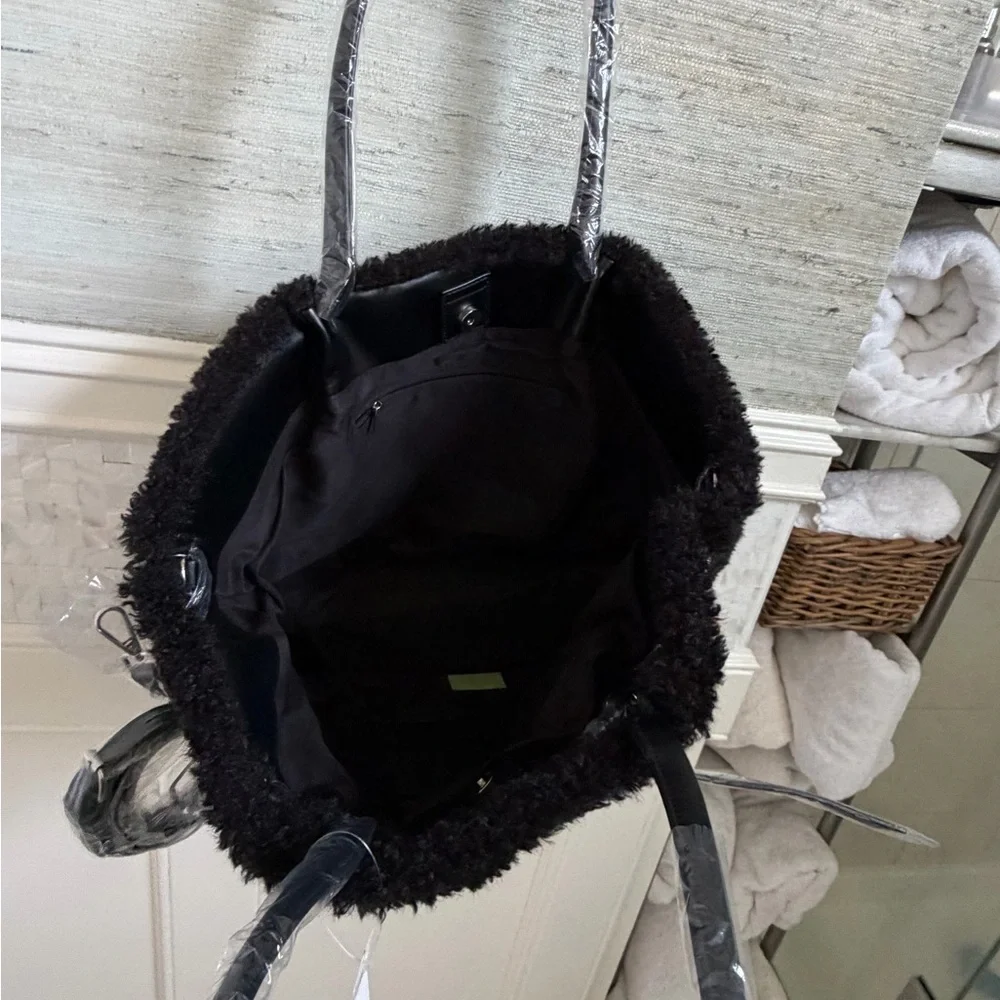 NWT new Anthropologie belted Sherpa tote bag crossbody black fuzzy